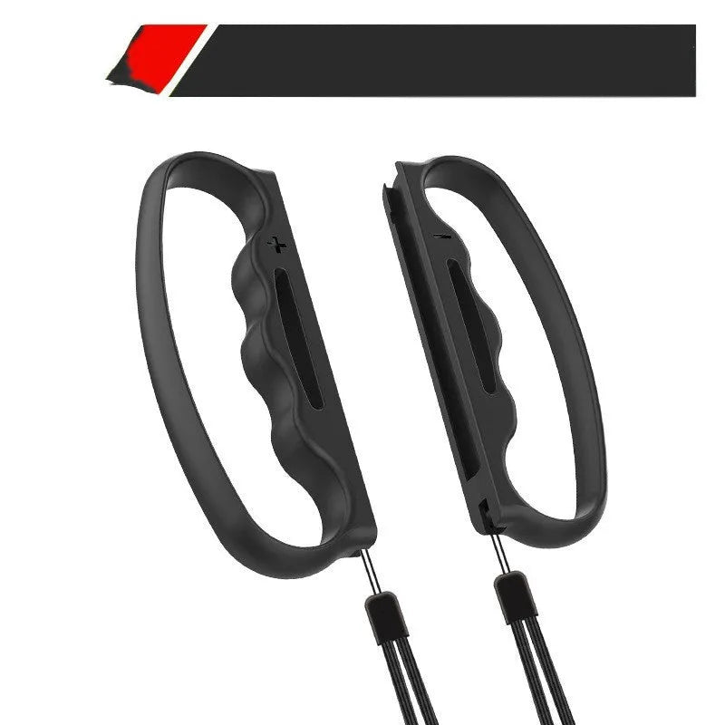 Two Joy-Con controller grips with hand ropes in black and blue red colours