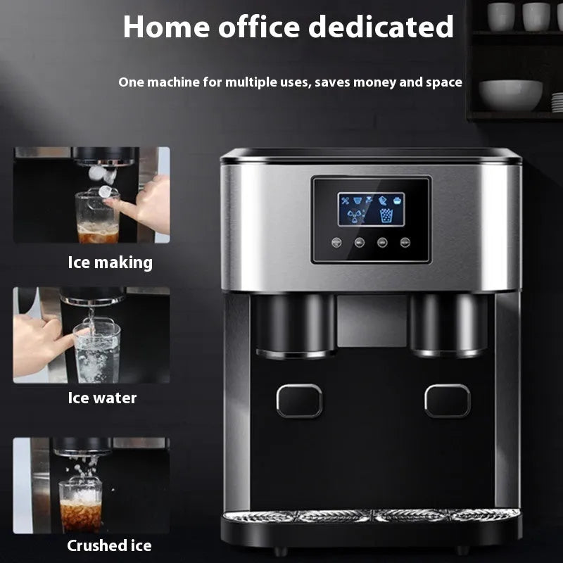 Black desktop ice maker with stainless steel ice box showing ice crushing and cold water functions