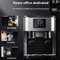 Black desktop ice maker with stainless steel ice box showing ice crushing and cold water functions