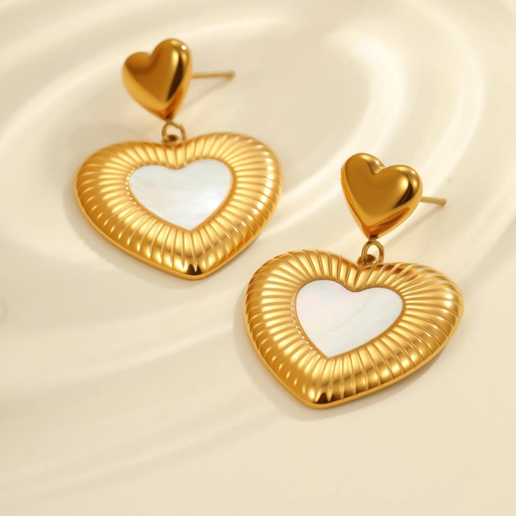 Stainless steel heart shape earrings with fritillary pattern and gold electroplating