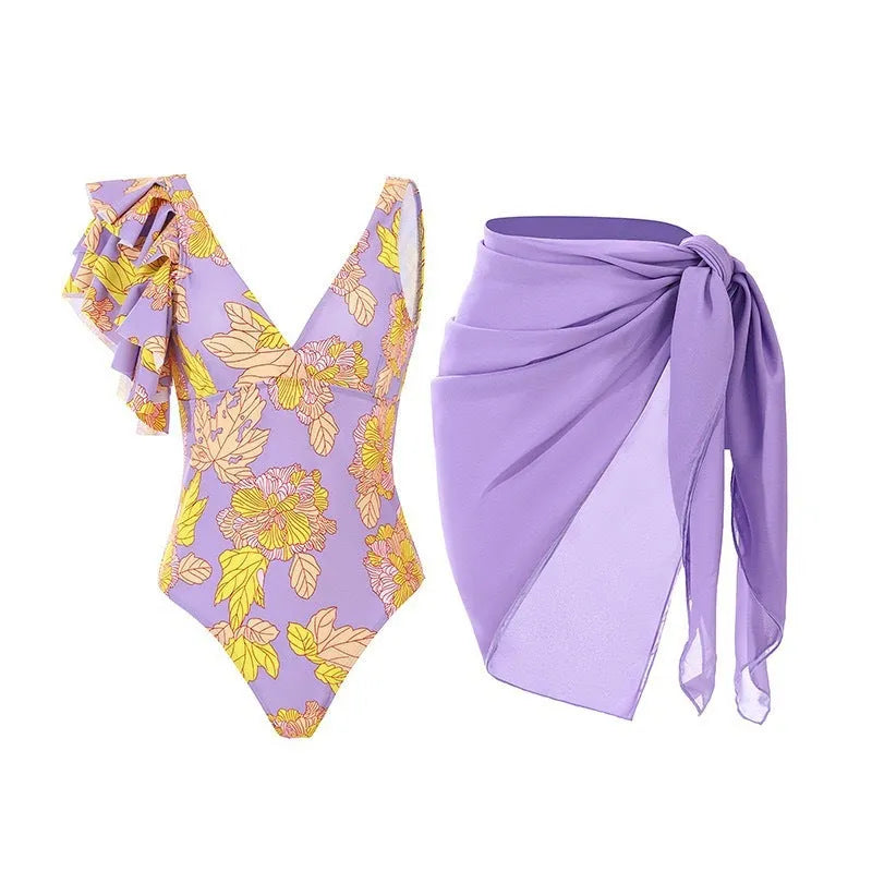 Women's solid colour one-piece swimsuit with removable skirt and spaghetti straps