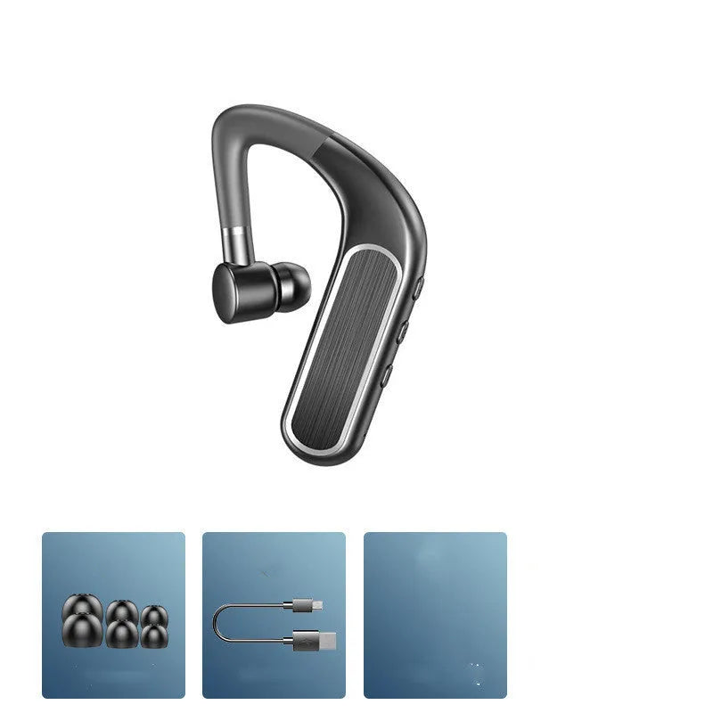Wireless Bluetooth earphones in black with hanging ear design and silicone ear caps
