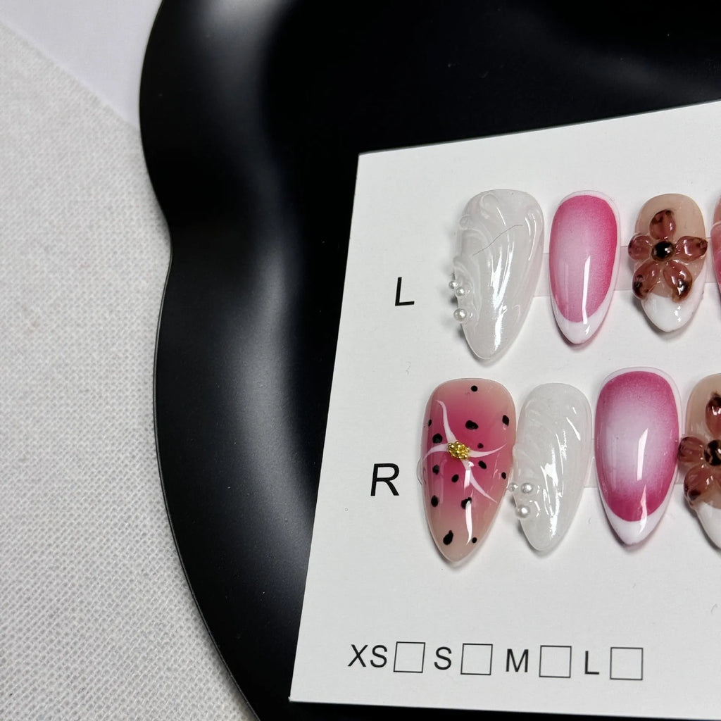 Hand-painted 3D carved nail patches showing embossed candy patterns in colourful designs.