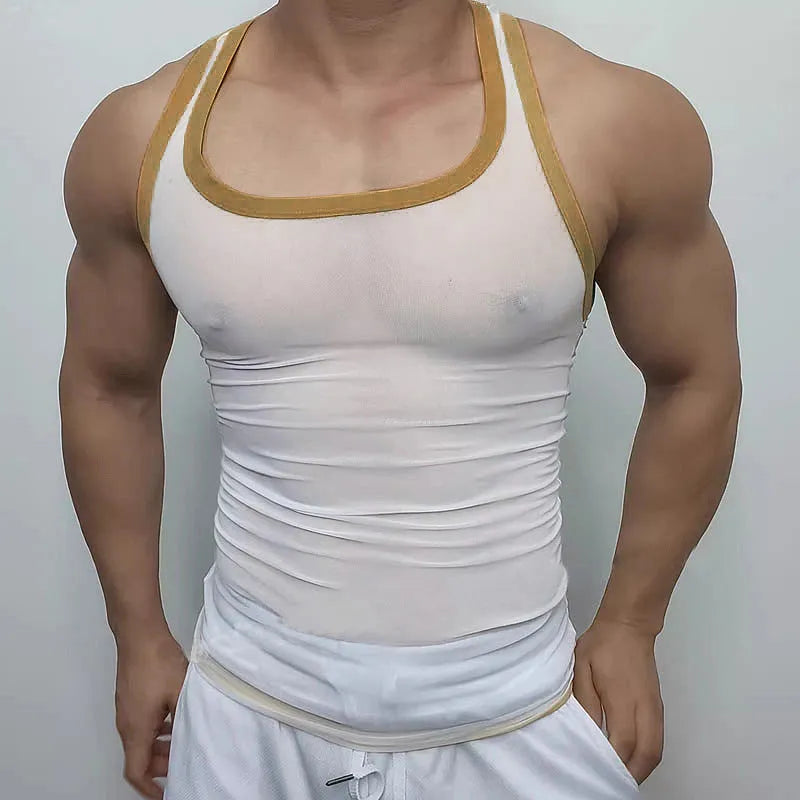 Men's black polyester mesh fitness vest with straight hem, shown on a model.