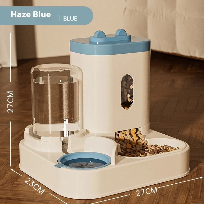 Automatic pet feeder with water dispenser in grey, second generation slide cover, plastic construction for dogs and cats