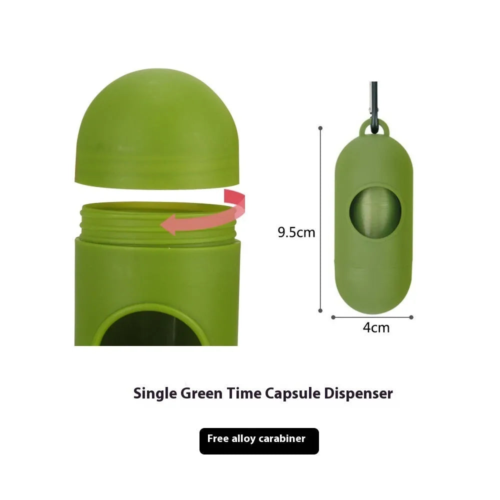 Rolls of green, black, blue, purple and orange degradable pet poo bags with a portable dispenser
