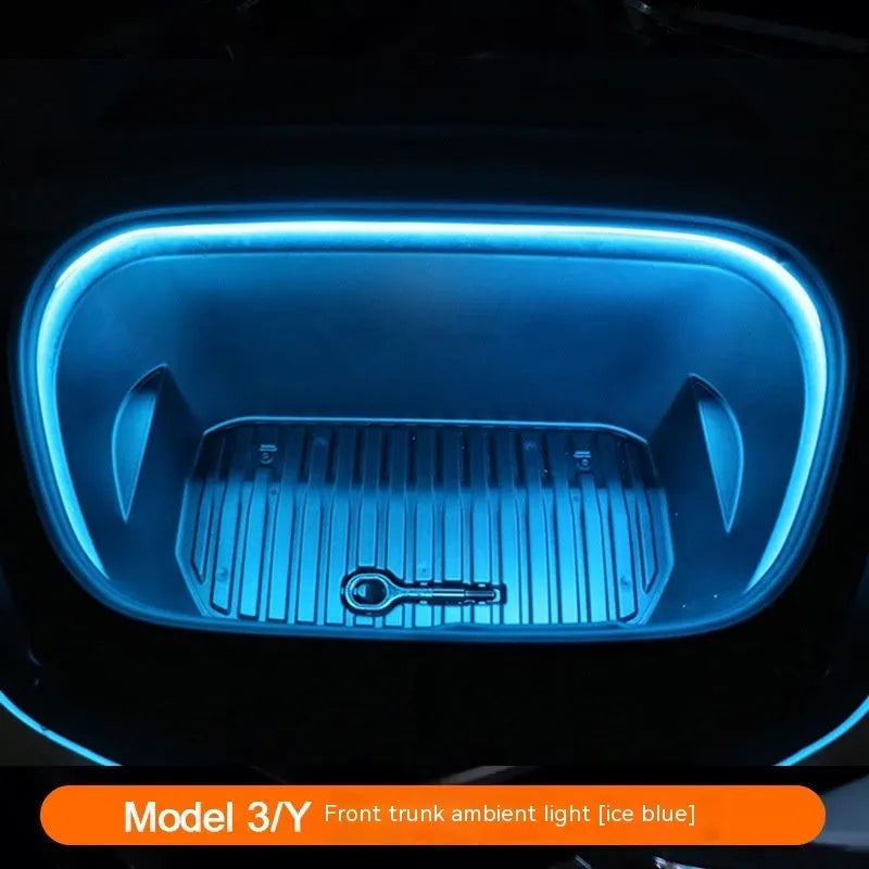 Tesla Model 3 and Y front backup box ambient lighting kit with soft silicone light bar in choice of colours