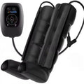 Air wave pressure leg arm and waist massager set with handheld remote control on a table.