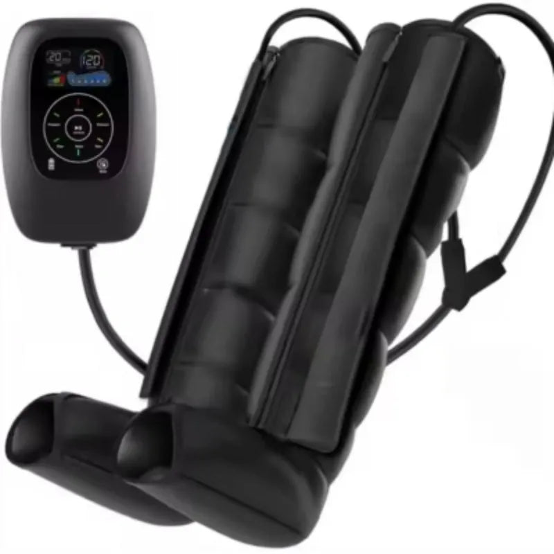 Air wave pressure leg arm and waist massager set with handheld remote control on a table.