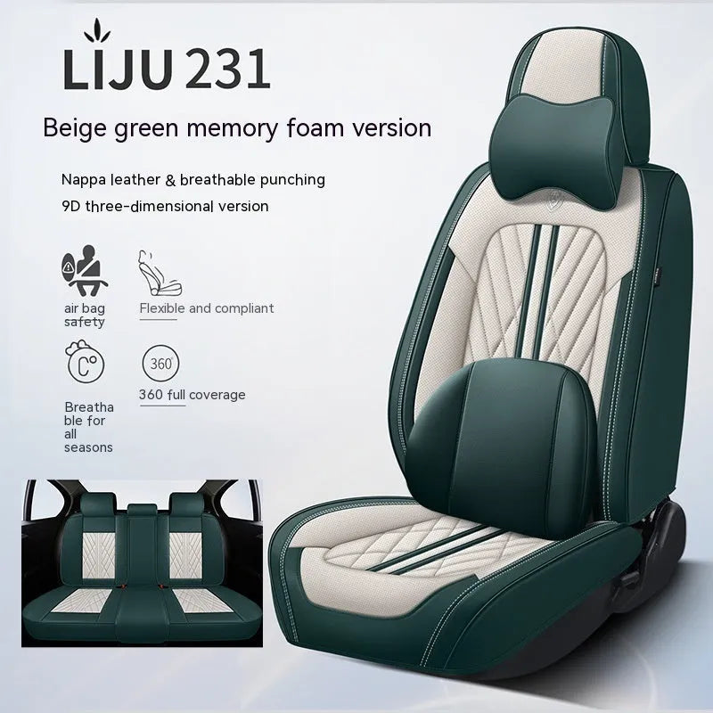 Five-piece leather car seat cushion set in various colour options with hemmed edge detailing