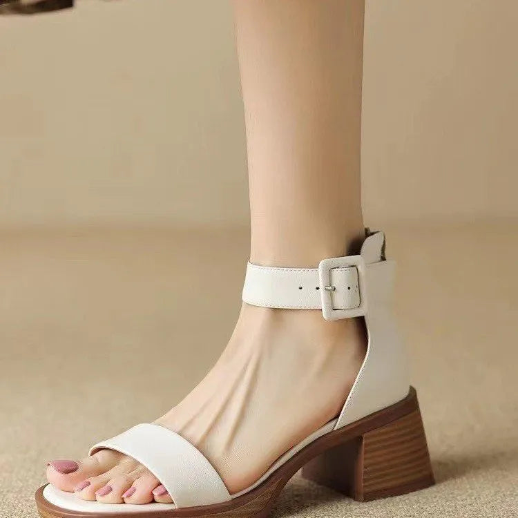 Women's white retro ankle-strap platform high heels with round toe