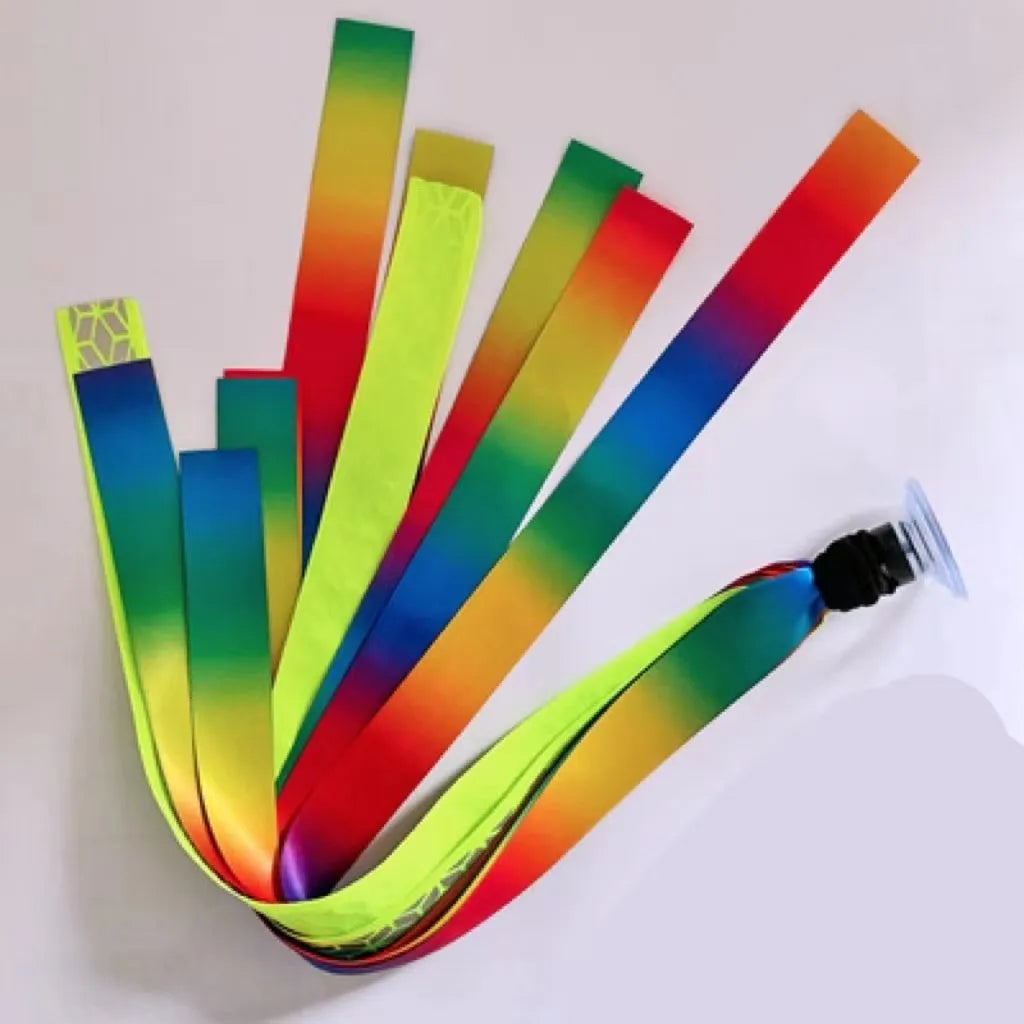 A colourful helmet streamer accessory for children's sports helmets and doll decoration.