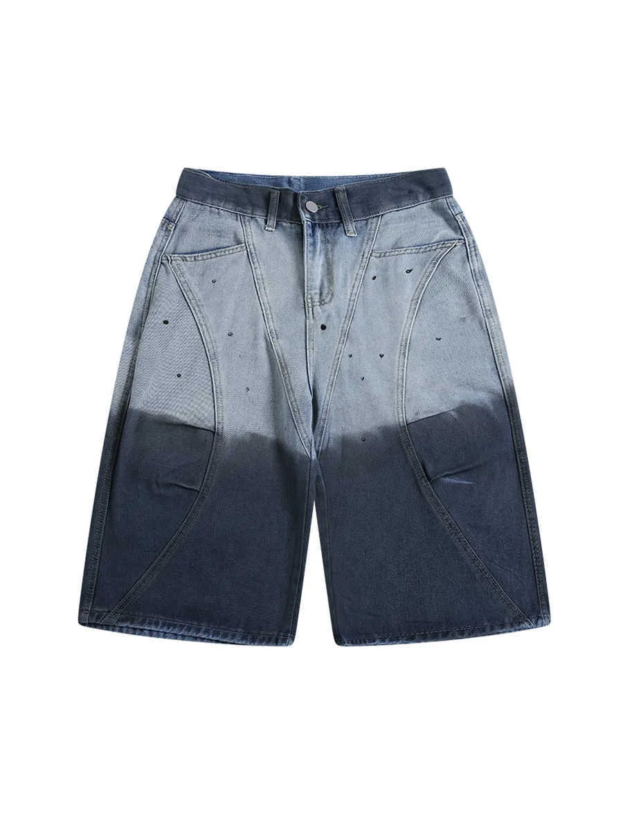 Blue tie-dye gradient cropped jeans with a loose fit and mid waist
