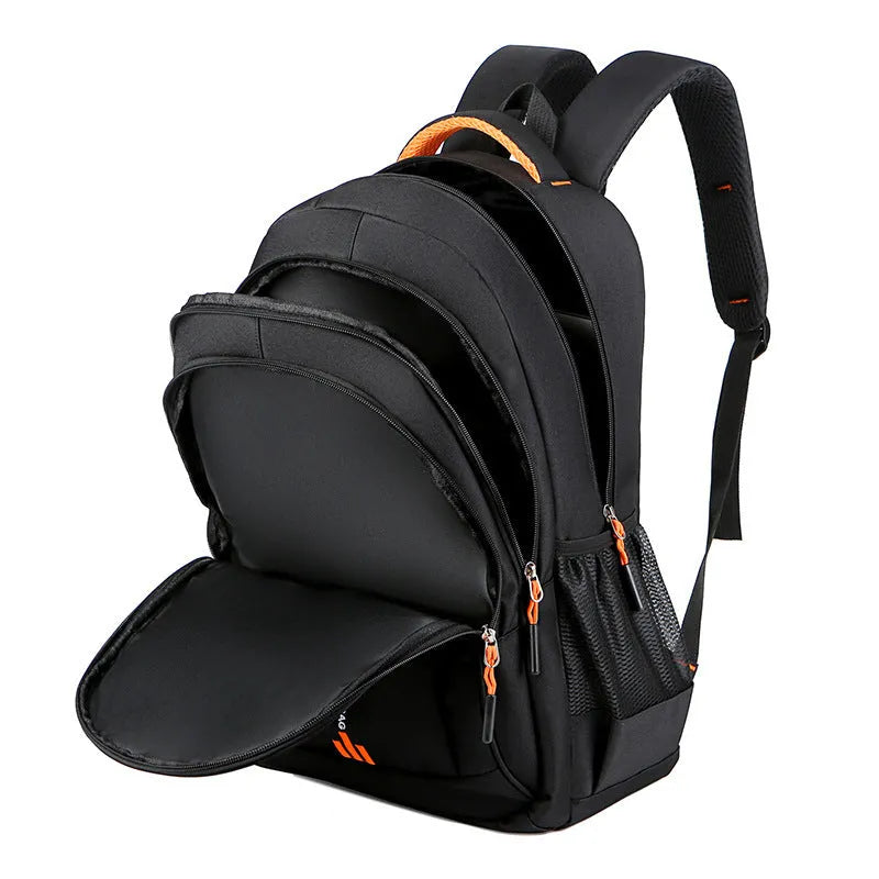 Men's solid colour nylon computer backpack with sewing thread detail, 36-55L capacity, air pillow belt