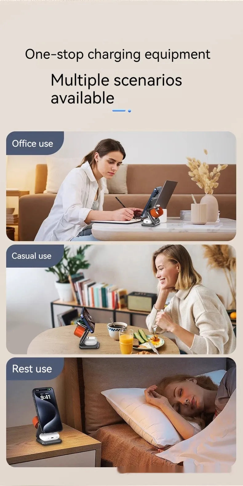 White foldable magnetic wireless charging phone stand on a wooden desk next to a mobile phone.