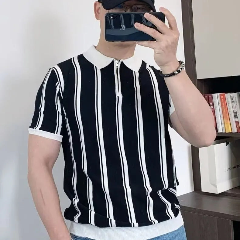 Men's black and white Korean-style vintage stripe t-shirt with front zipper detail in loose fit half-sleeve design