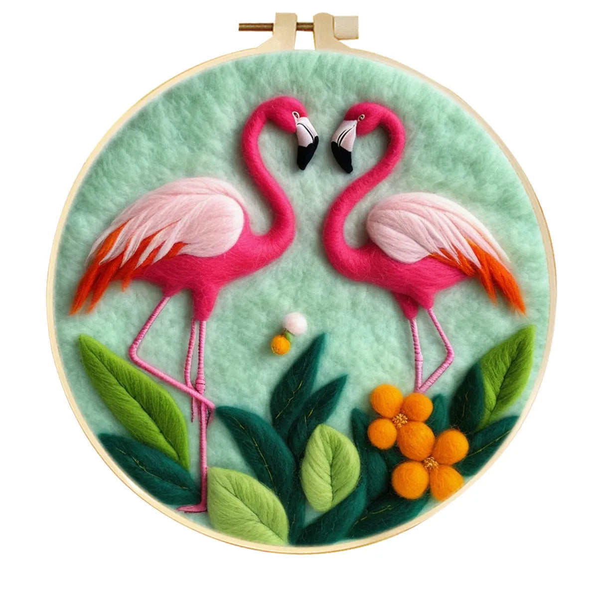 Round linen embroidery kit with wool felt pieces for 3D flowers and leaves, includes a free frame.