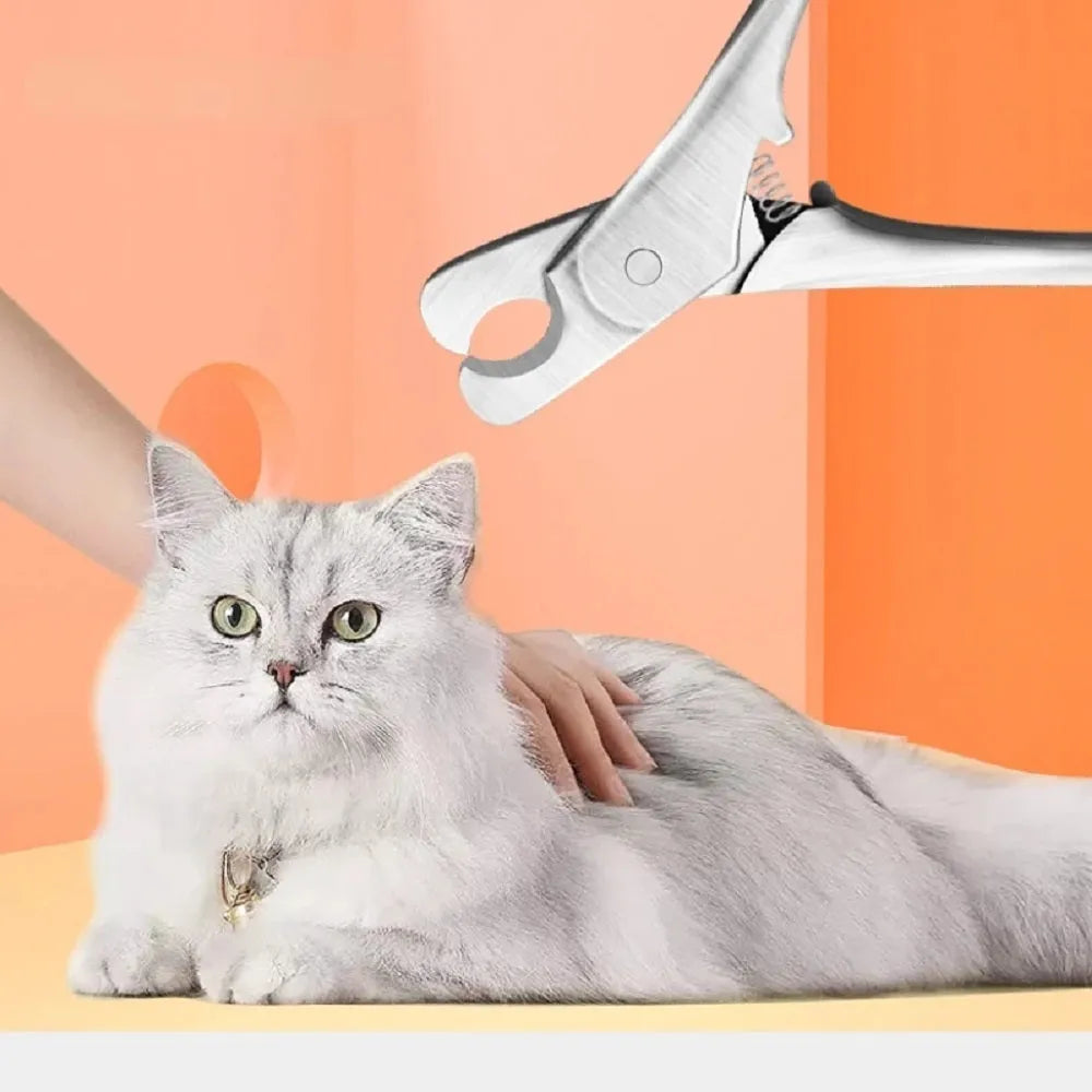 Silver professional pet nail clipper with stainless steel blades and safety guard for dogs and cats