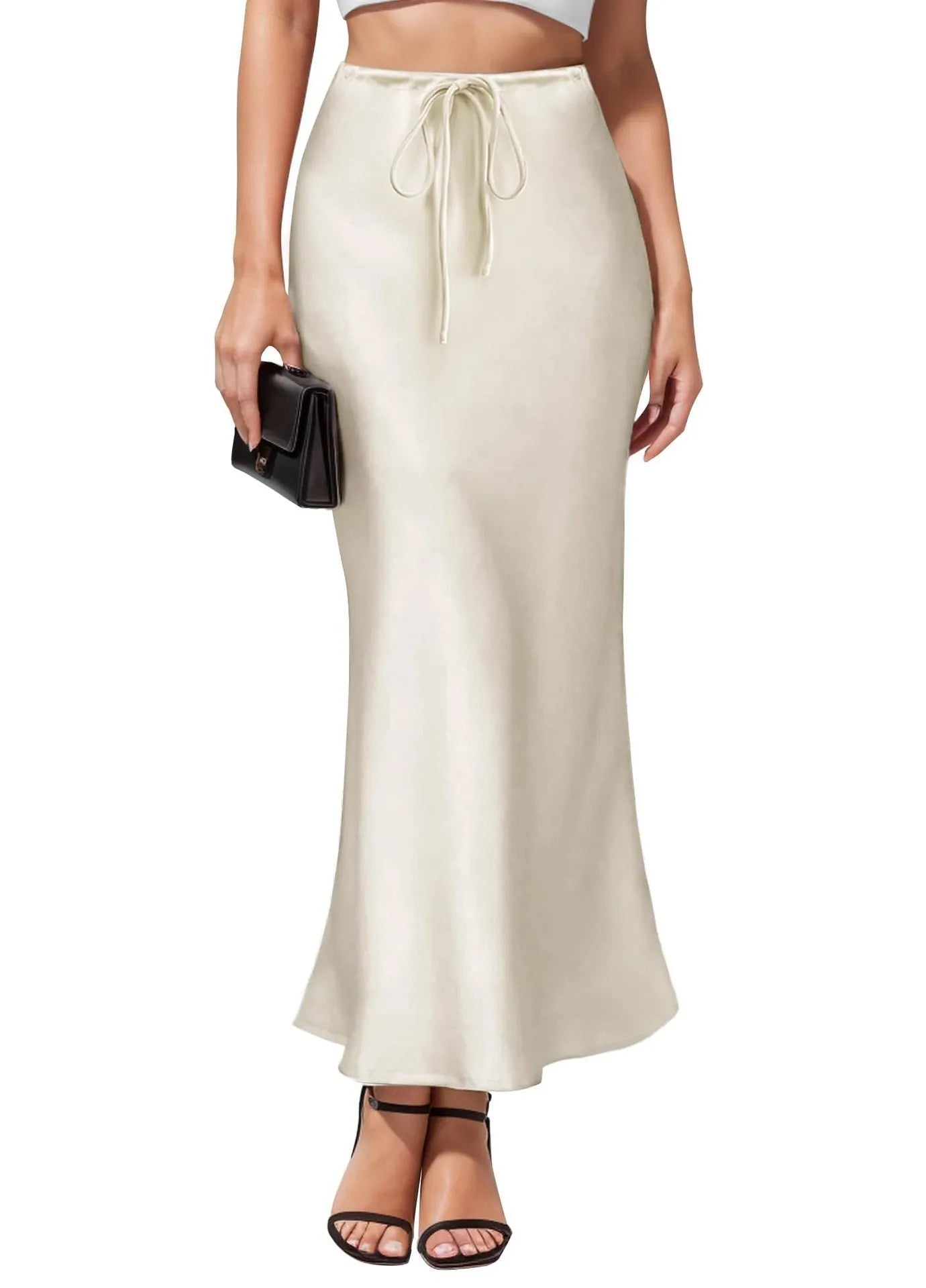 Asymmetric acetate satin skirt with high waist and irregular stitching detail in solid colour.