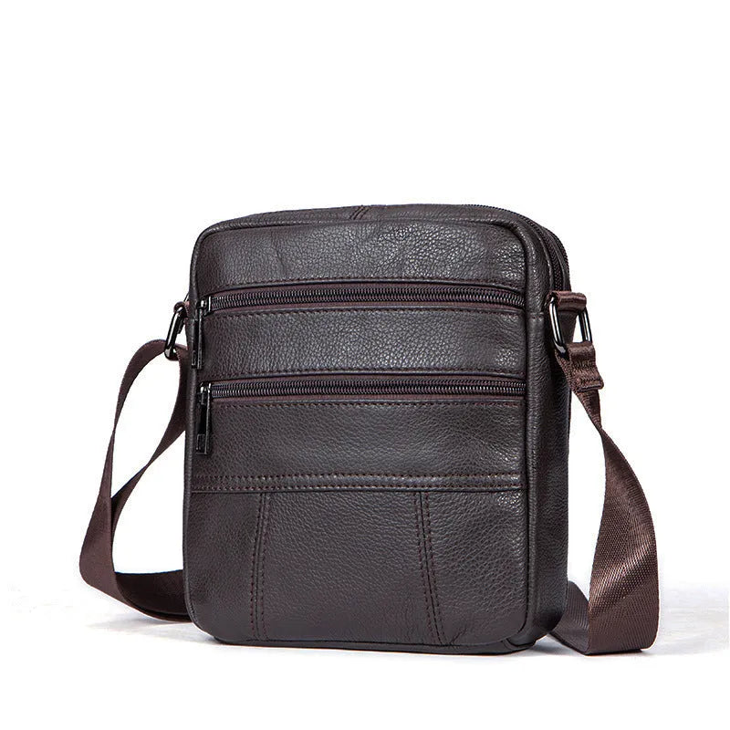 Men's vintage genuine leather cowhide shoulder bag in vertical square shape with zipper opening
