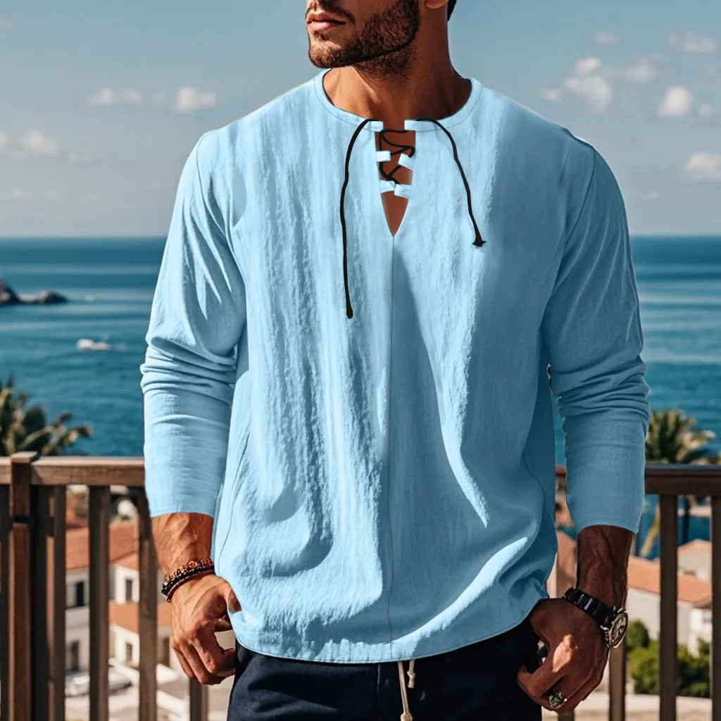 Men's solid colour cotton linen blend loose fit pullover shirt on a hanger.