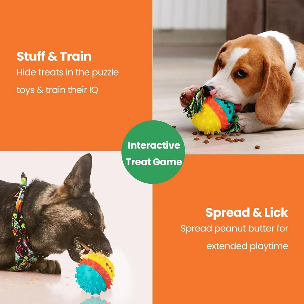 Blue and red bouncy ball dog chew toy with rope and treat hole for aggressive chewers