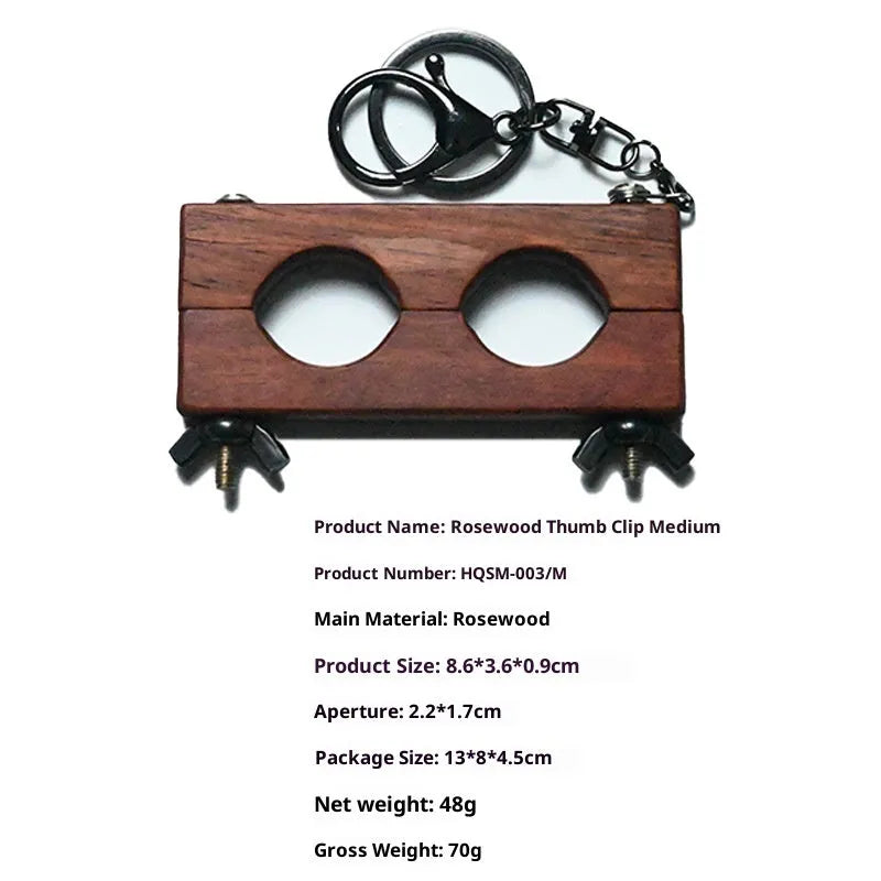 Solid wood thumb clip prop in rosewood wood colour finish on white background