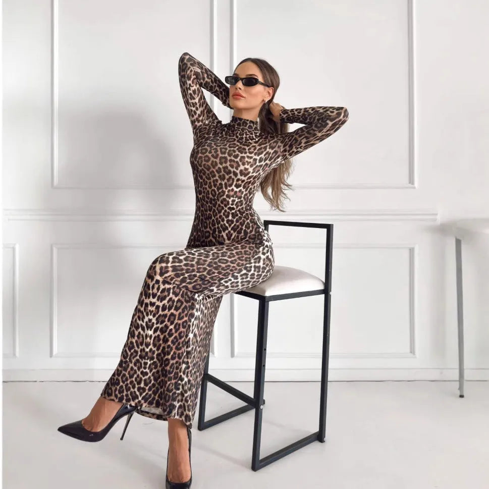 Leopard print long dress with stand collar, long sleeves, and high-waisted hip skirt design