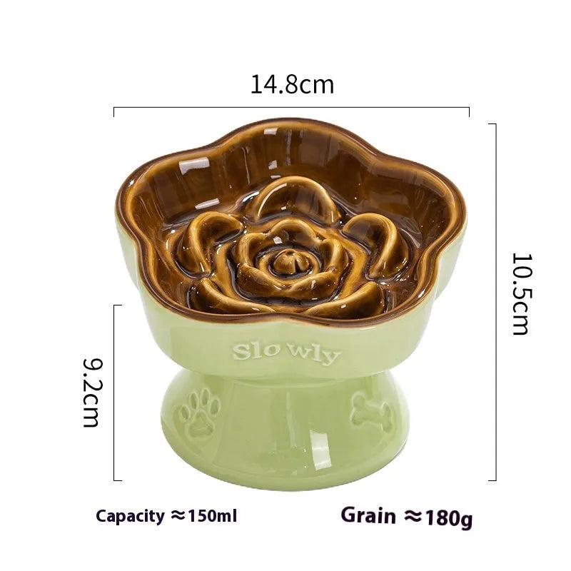 Black ceramic pet bowl with high foot and raised neck for dog or cat feeding
