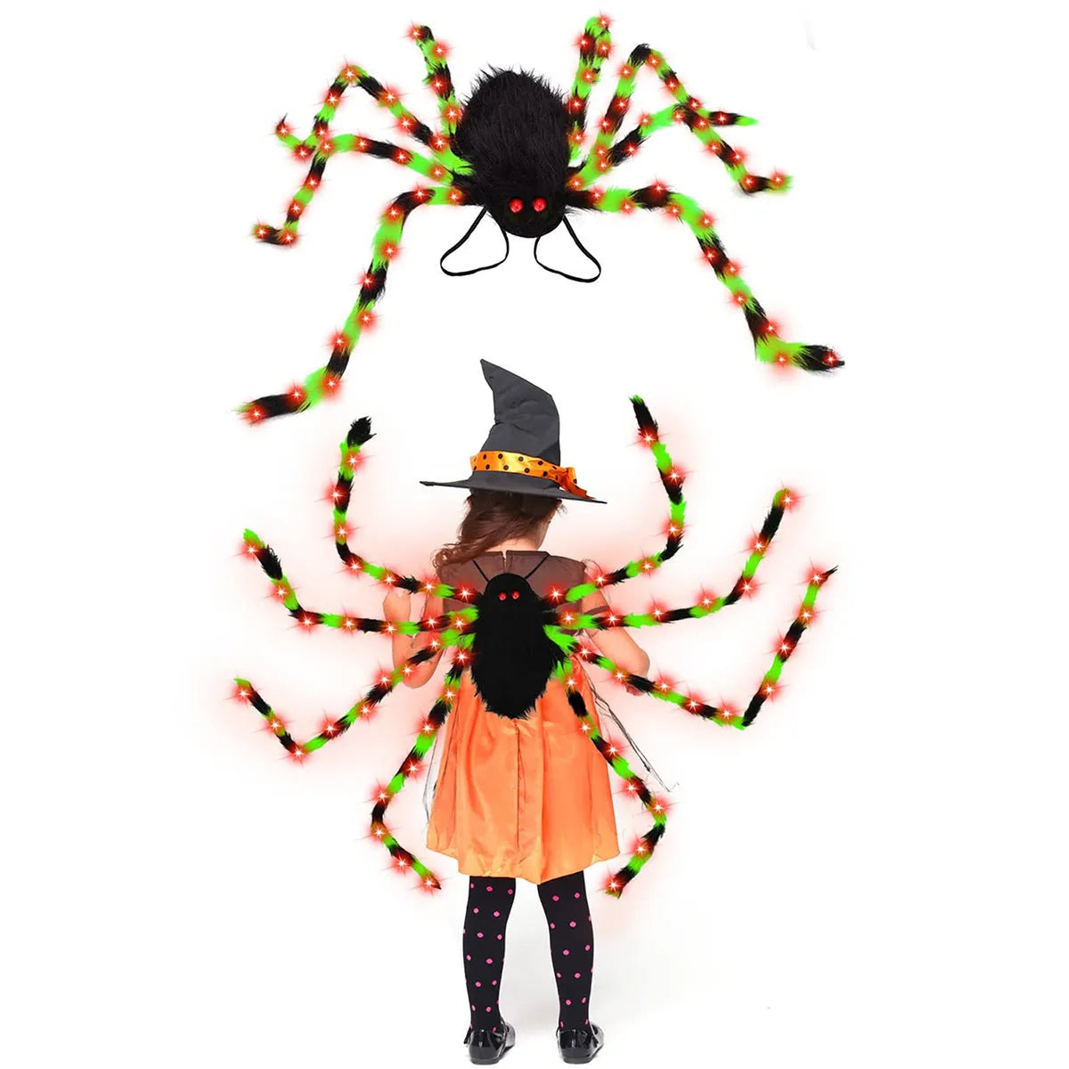 Plush Halloween Spider Backpack with purple LED lights, shown in one of five colour options.