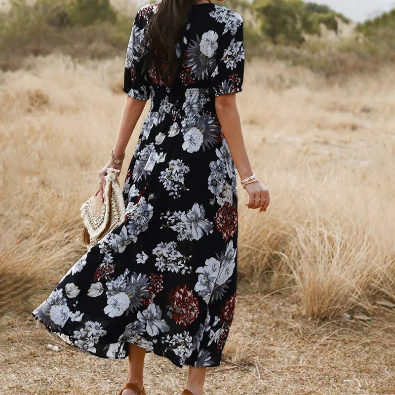 Women's floral print summer dress with V neck and elastic waist in yellow, black, and blue colours