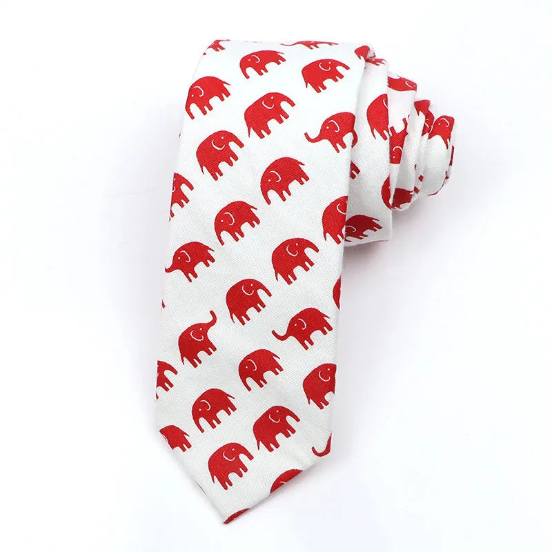 Korean style narrow men's cotton bow tie with a printed cartoon pattern in a selected colour.