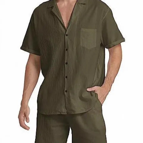 Men's flax linen short-sleeve top and shorts summer sports suit in army green