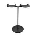 Desktop double-hanging earphone bracket in black holding two headphones on a desk