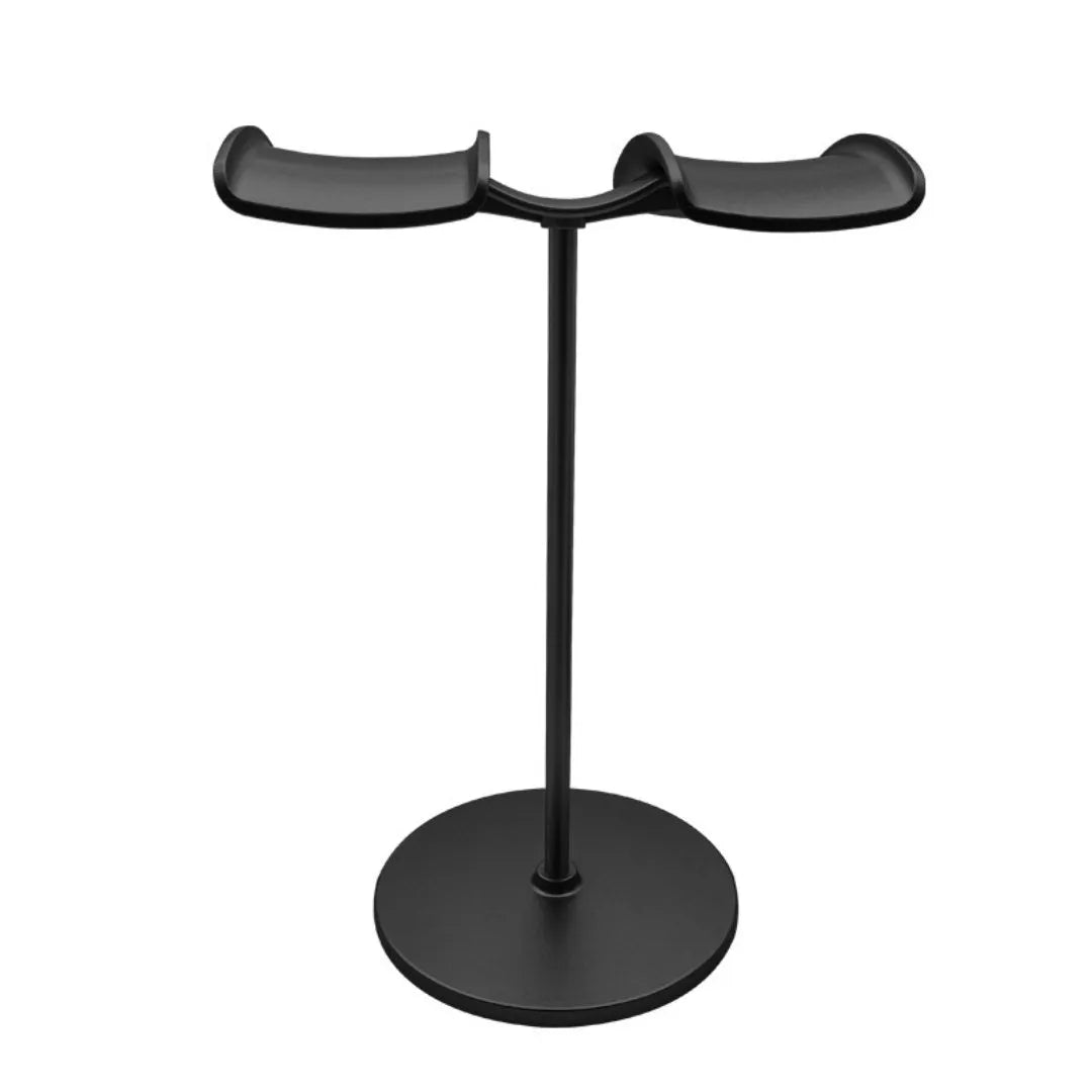 Desktop double-hanging earphone bracket in black holding two headphones on a desk