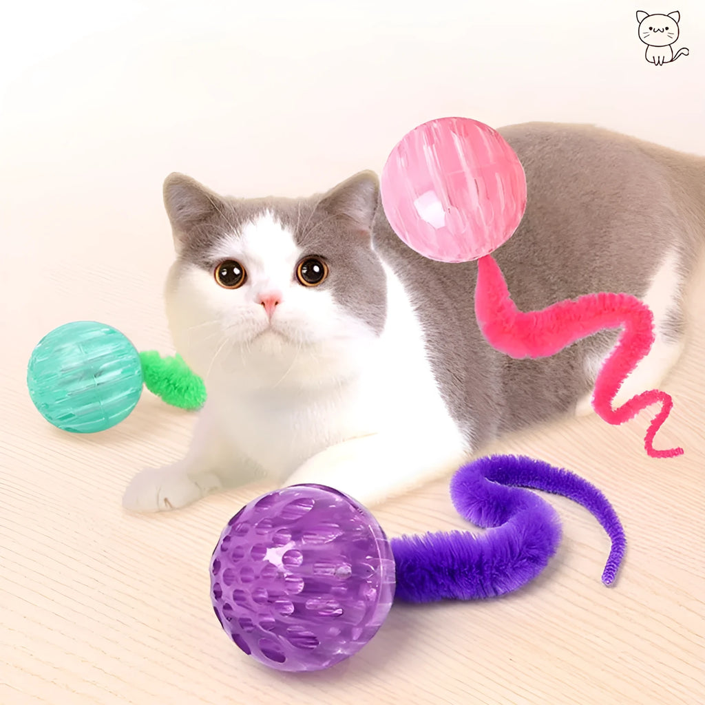 Interactive bouncing cat toy with plush worm tail in green, pink, or purple colour options