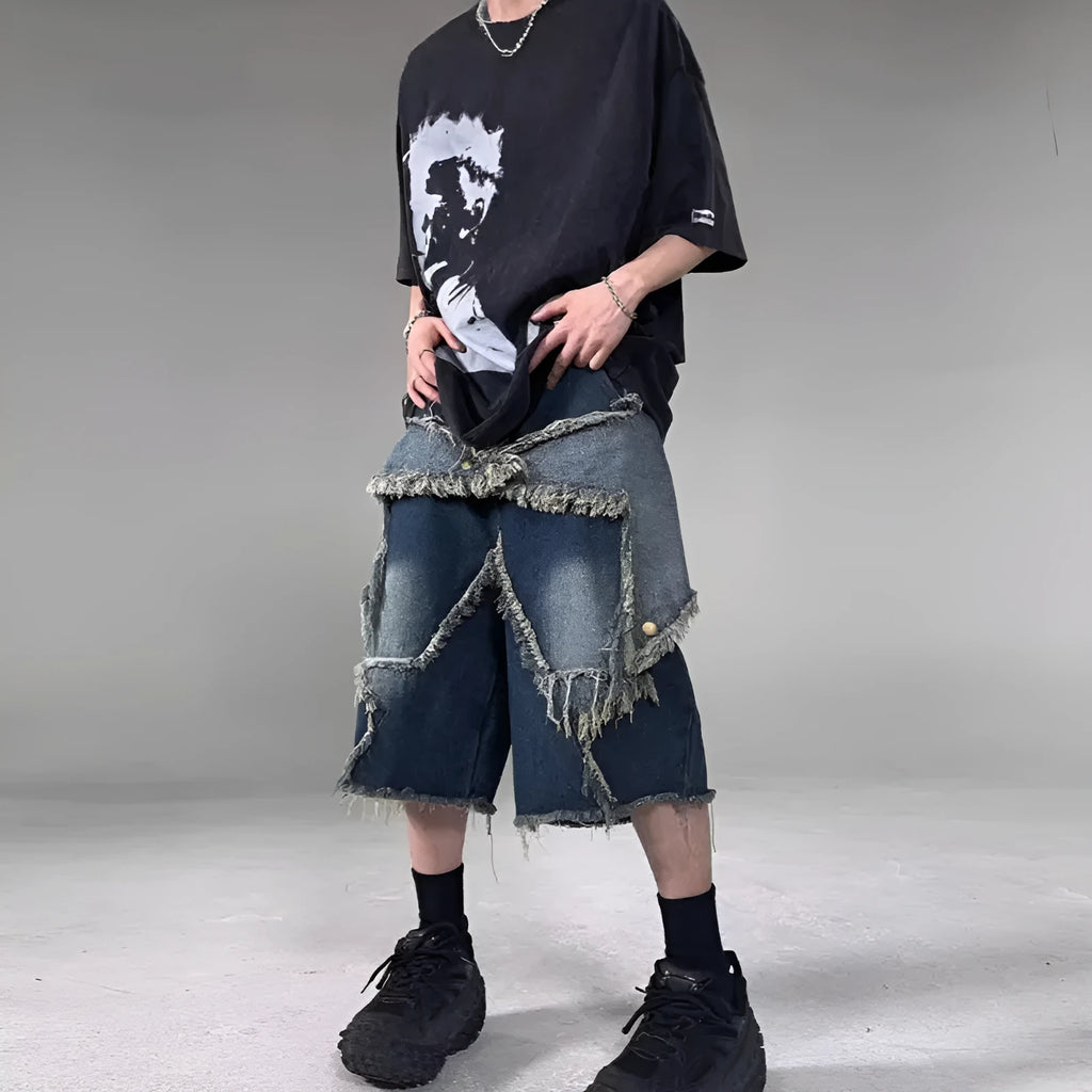 Blue denim shorts with frayed five-pointed star embroidery in loose fit style