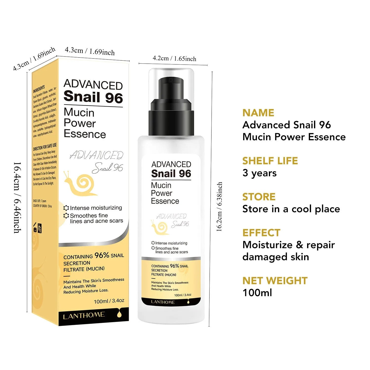 100ml snail secretion filtrate serum bottle with pump dispenser for facial moisturising