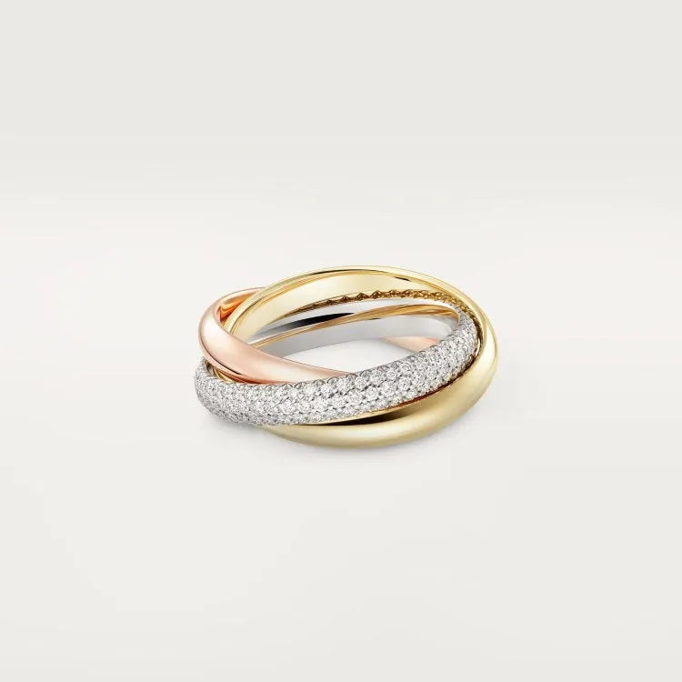 Geometric U-shaped silver couple ring with a full diamond band on a black background.
