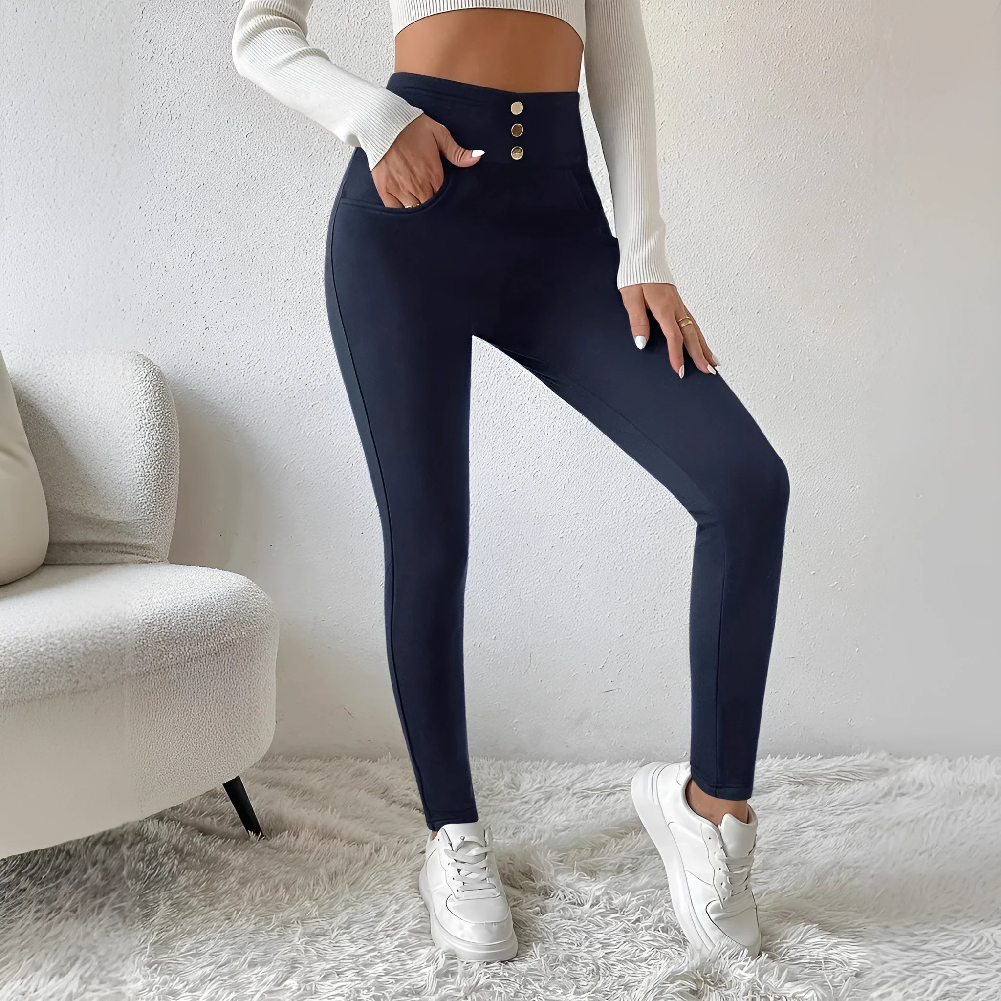 Women's navy blue high waist slim fit straight leg casual trousers on hanger