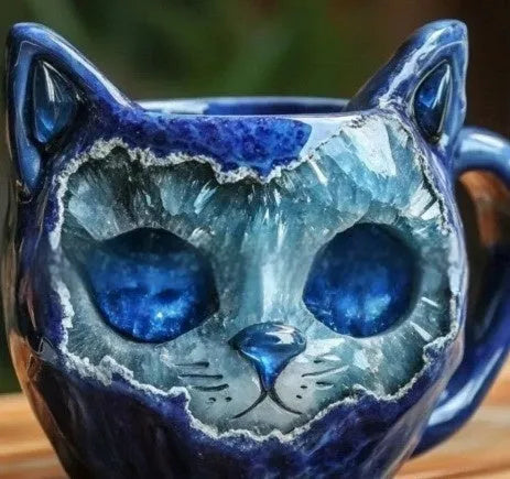 Purple geode cat mug with crystal design, synthetic resin construction, 11cm height