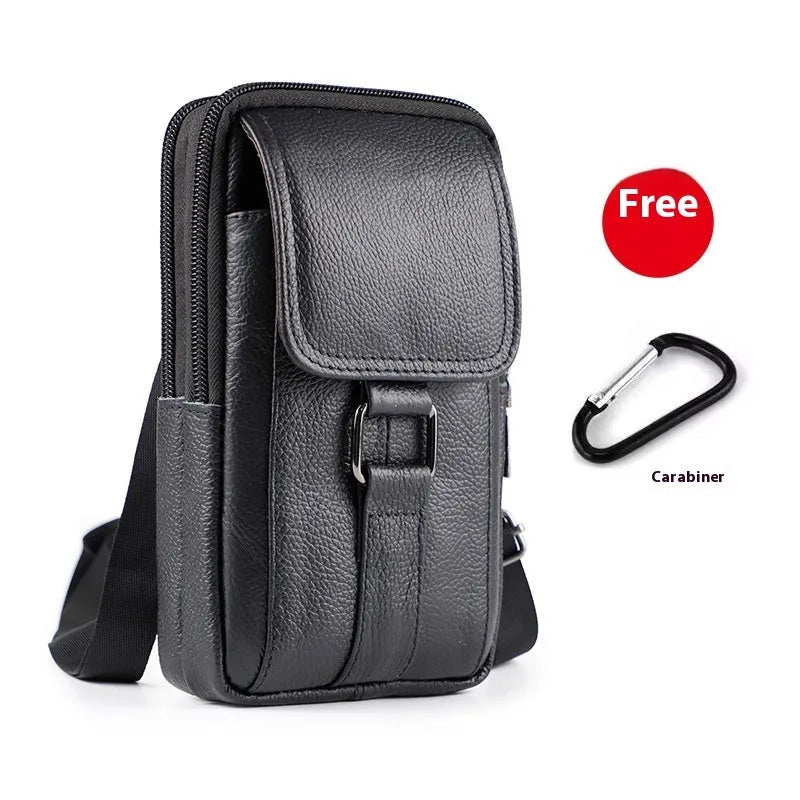 Men's black genuine leather waist crossbody bag with lock closure and vertical square design