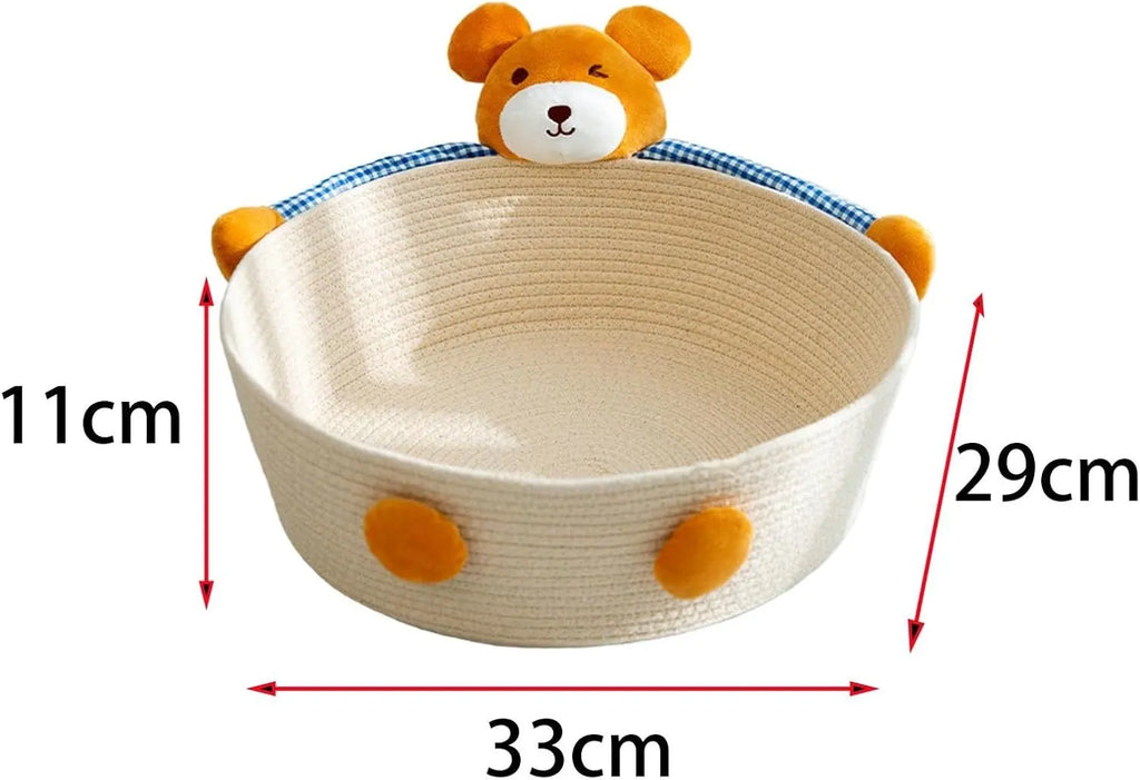 Woven cotton rope basket serving as a cat bed and scratcher in a natural colour.