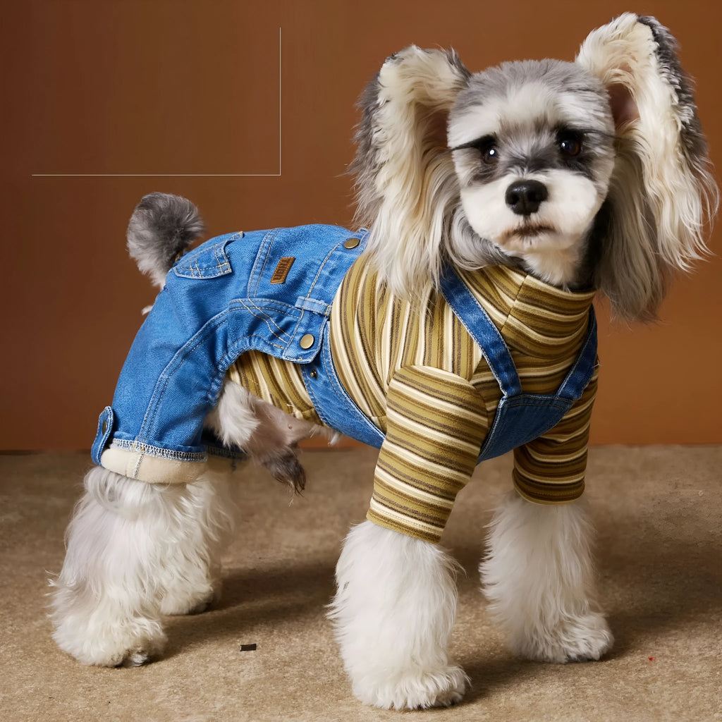 Denim blue fleece-lined thickened dog jeans for autumn winter pet wear with polar fleece interior