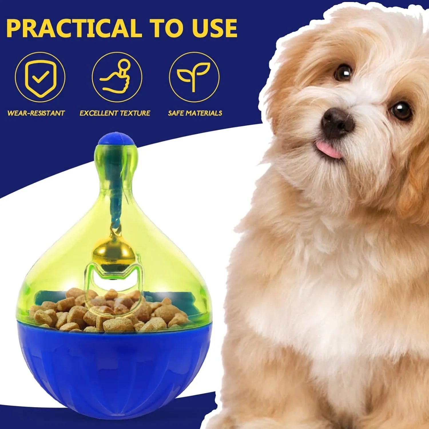 Blue tumbler-shaped interactive pet treat dispenser toy for dogs and cats