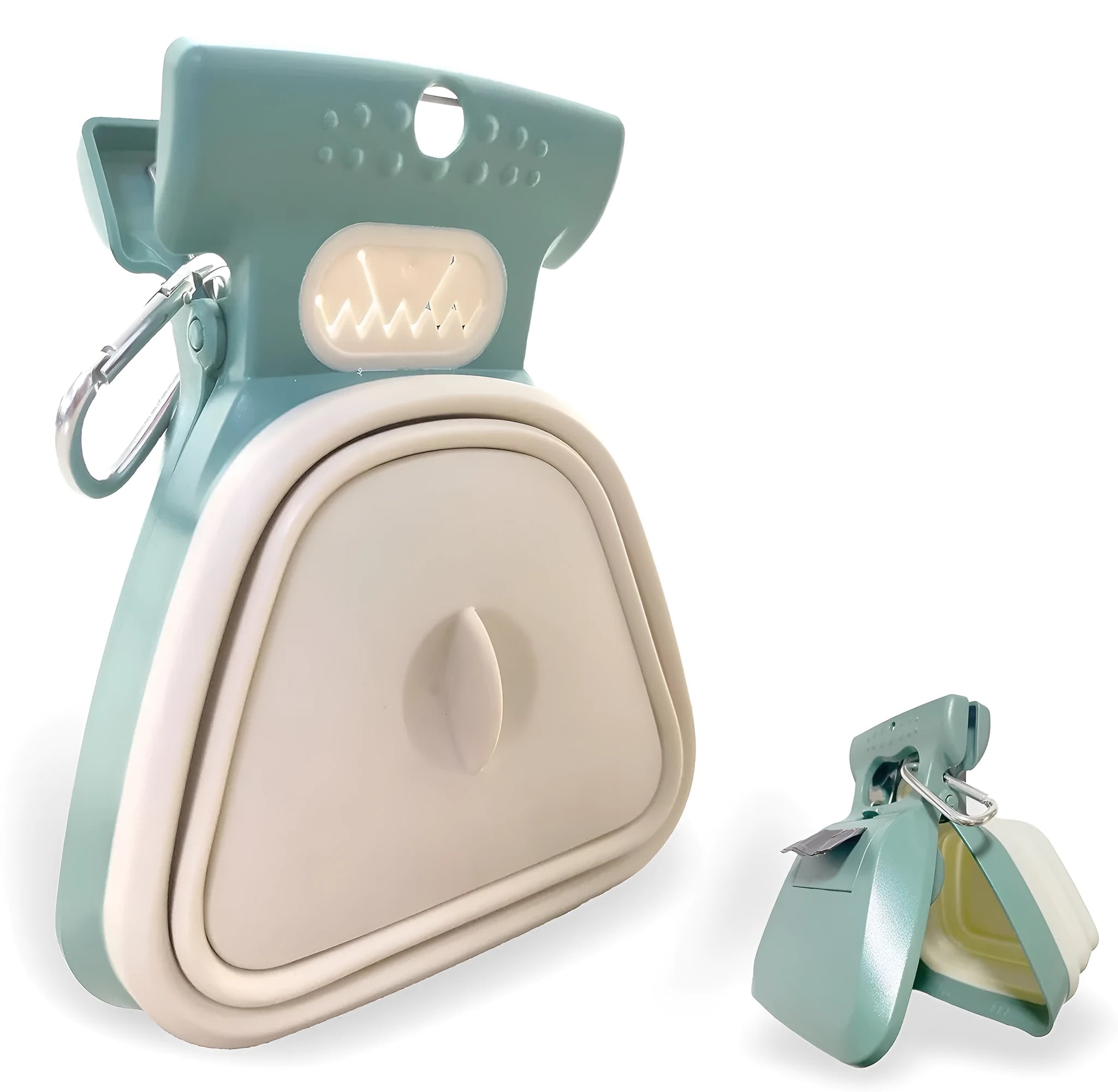 Portable handheld dog poop scooper with expandable container and bag dispenser in blue, green, grey, or yellow.