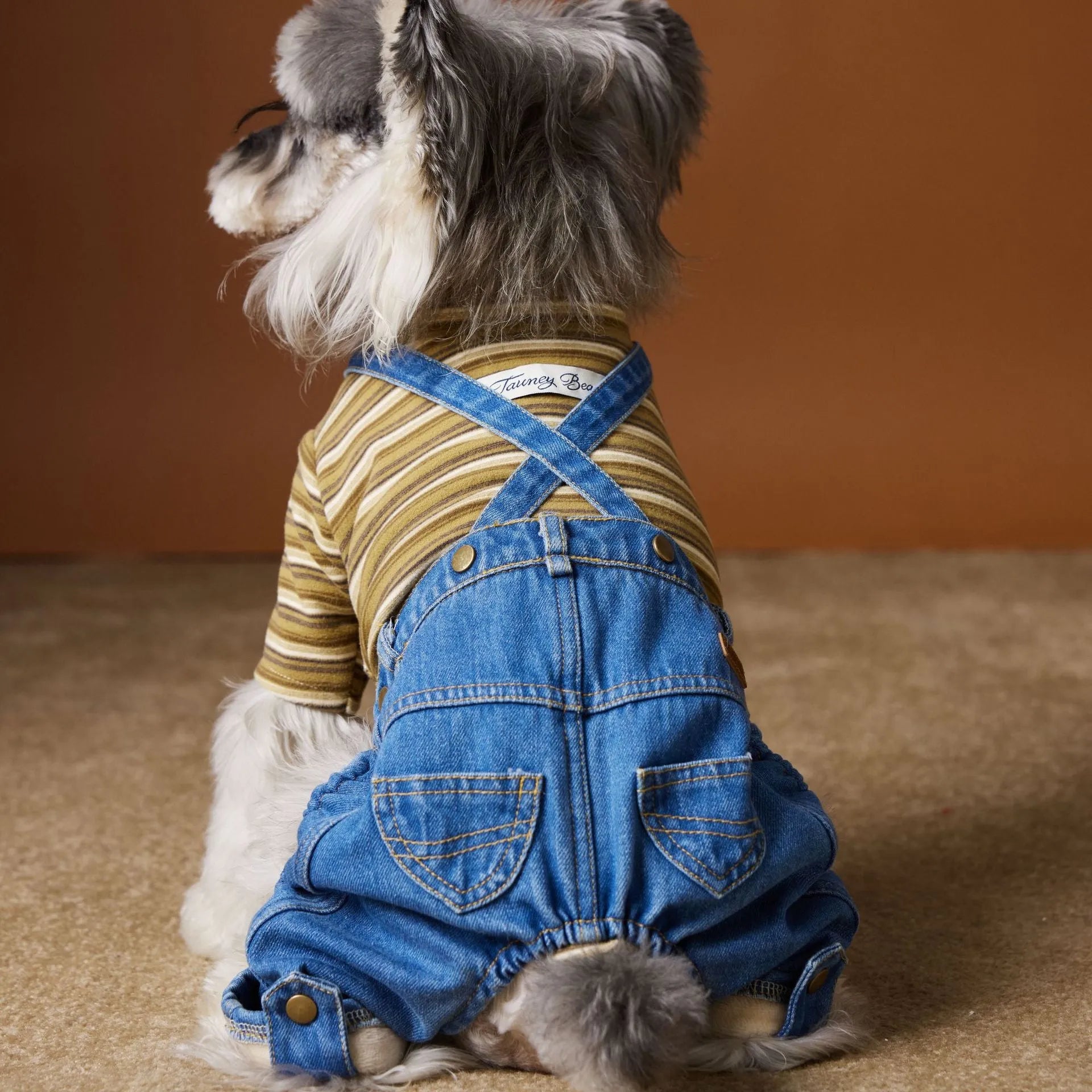 Denim blue fleece-lined thickened dog jeans for autumn winter pet wear with polar fleece interior