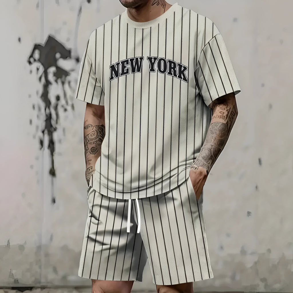 Men's black and white 3D printed letter short sleeve top and shorts suit set