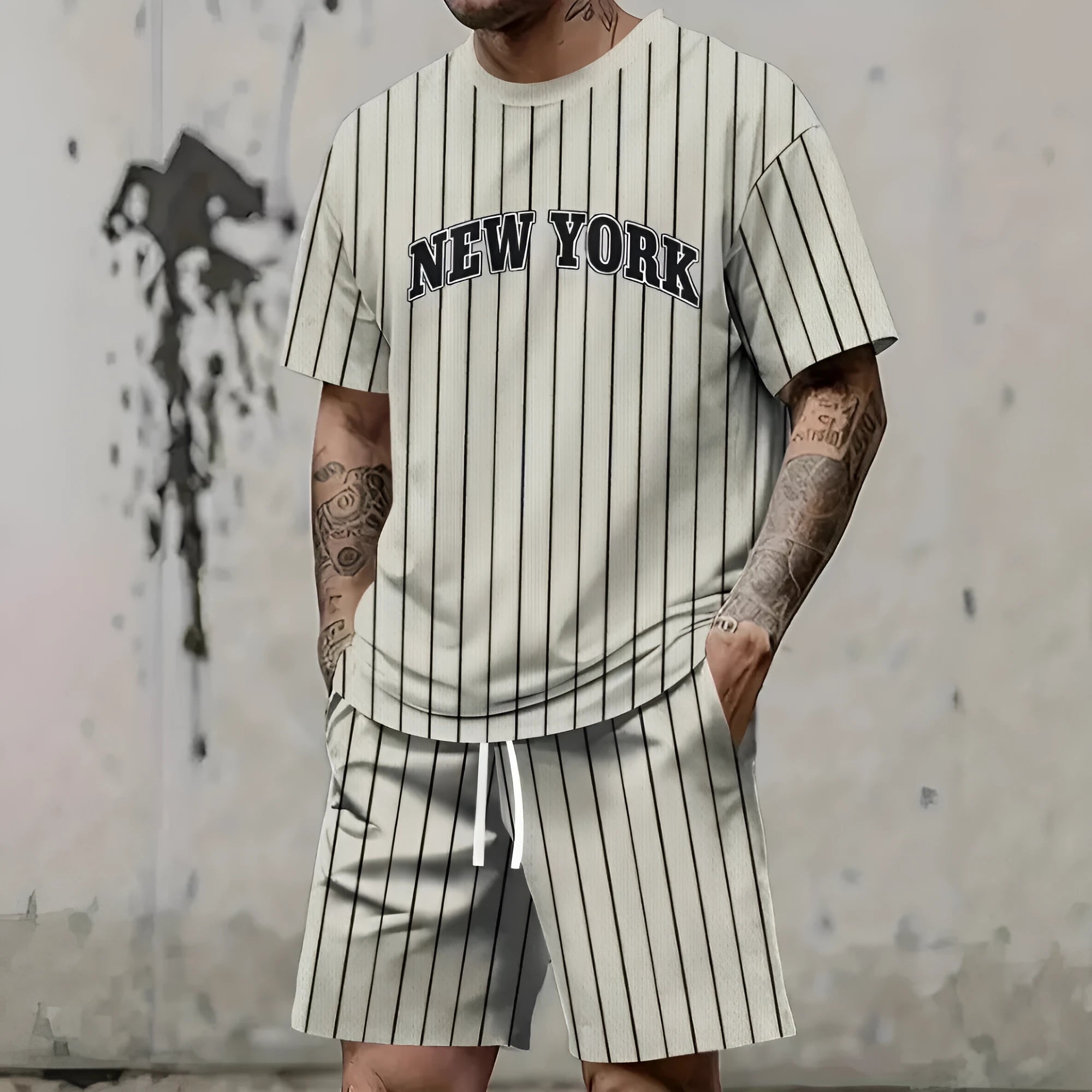 Men's black and white 3D printed letter short sleeve top and shorts suit set