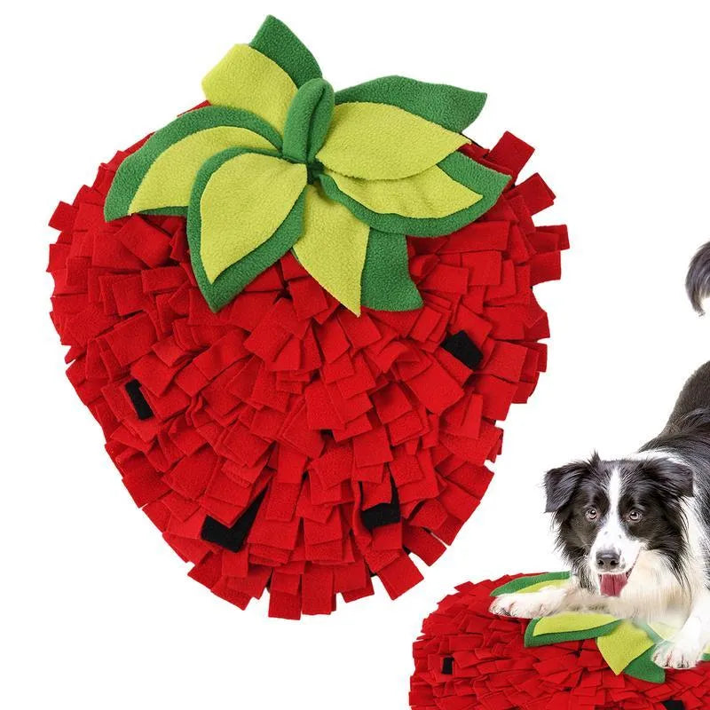 Red and green strawberry-shaped pet slow feeder mat with hiding spots measuring 45x35 cm